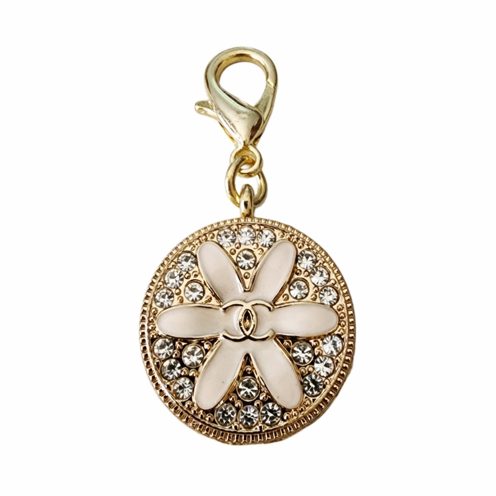 Pale Pink & Rhinestone Flower Button Pendant With Lobster Hook